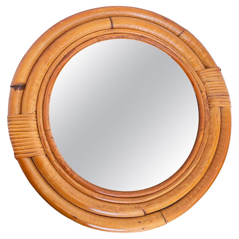 Restored Mid-century 12" Four-Strand Tropical Rattan & Wicker Round Wall Mirror