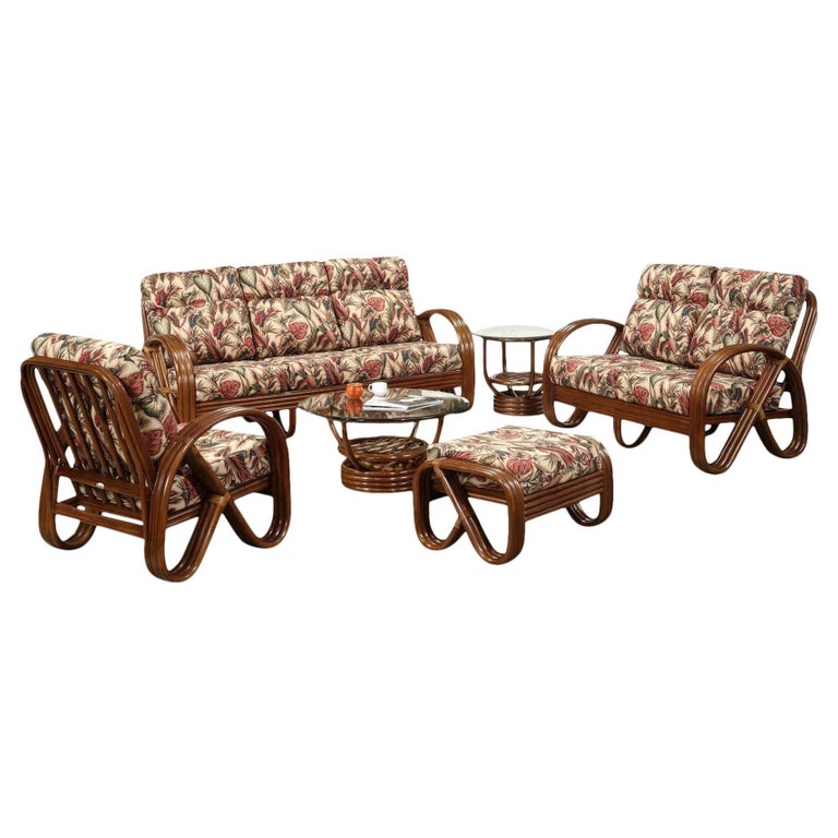 Modernist 3-Strand 3/4 Pretzel "Kauai" Rattan Living Room Set, 6 Pieces