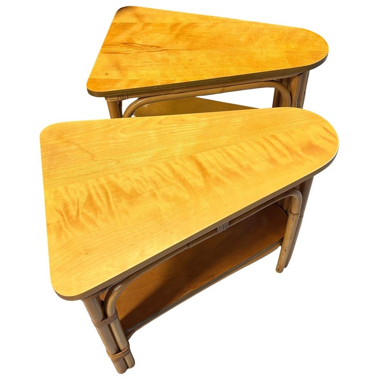 Restored MCM 2-Tiered Vertically Stacked Rattan Arched Wedge Table, Pair