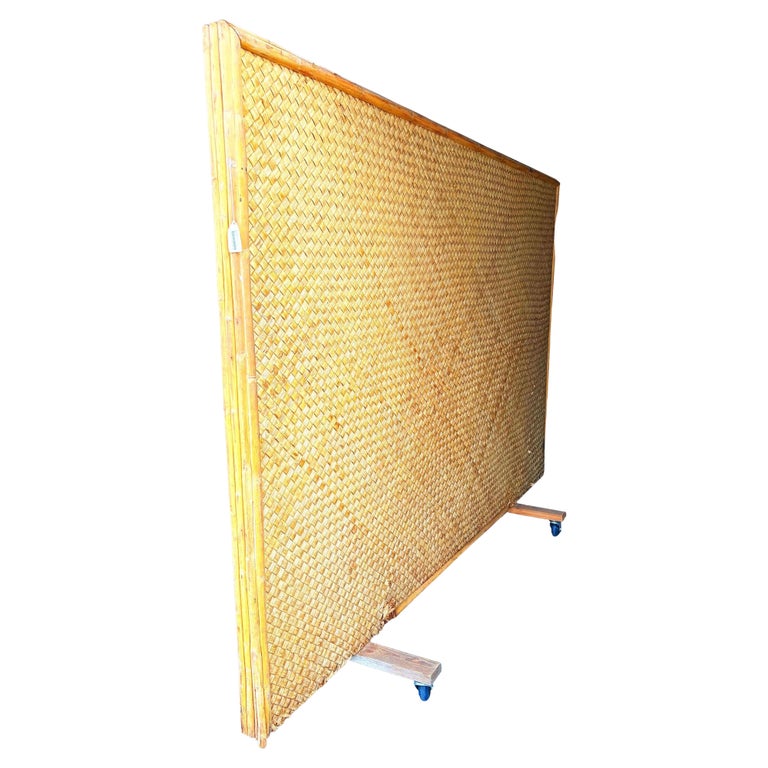 Mid-Century 9' Foot X 6' Foot Rattan and Woven Wicker Wall Divider w/ Wheels