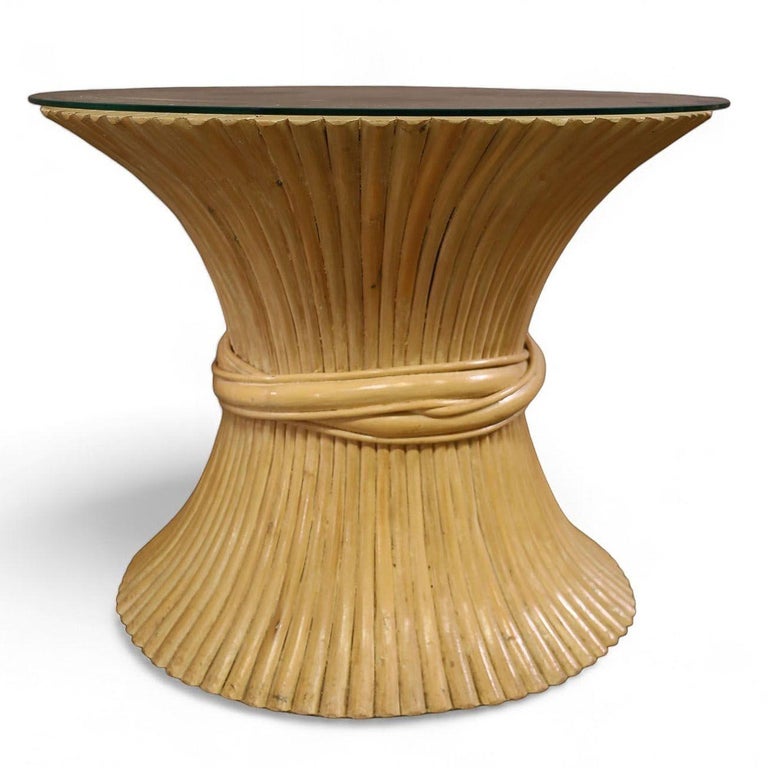 McGuire "Sheaf of Wheat" Stacked Hourglass Rattan End Table, Pair