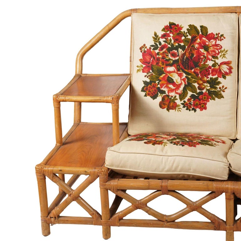 Rare MCM Stepped Rattan Sofa Chair Ottoman Livingroom Set w/ Built in End tables