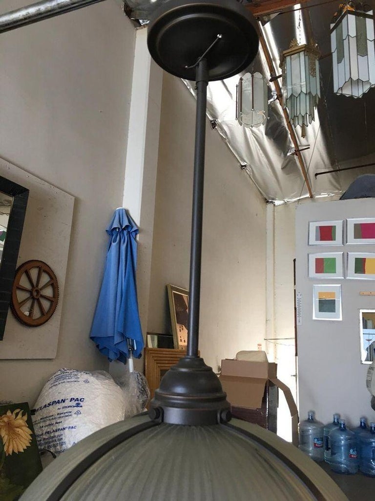 Industrial Ribbed Pendant Lamp Holophane Style Pair