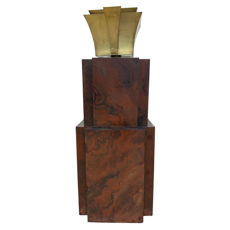 Grand Hollywood Art Deco Style Wood & Brass 9' Tall Torchiere Floor Lamp, Pair