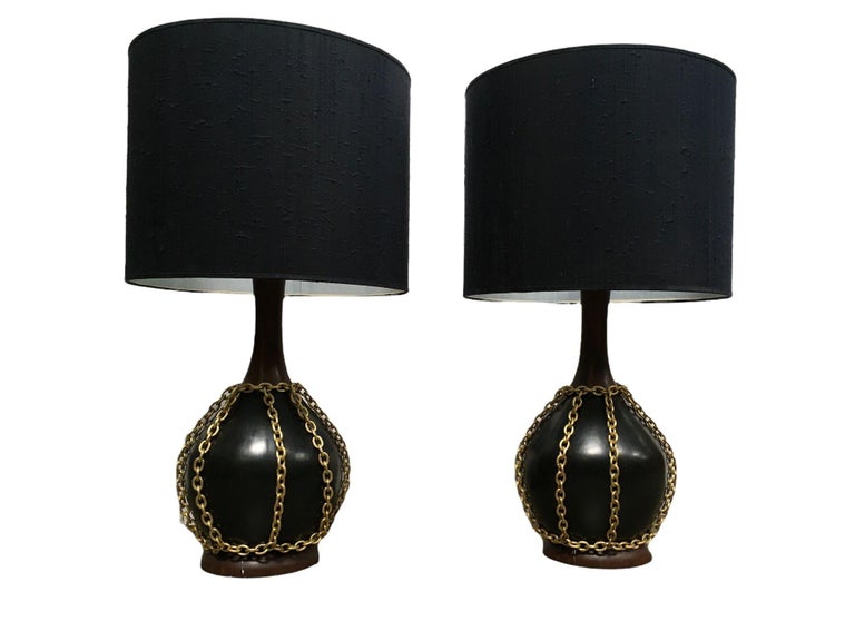 Large Midcentury Pottery Gold Tone Chain Lamps with Shade