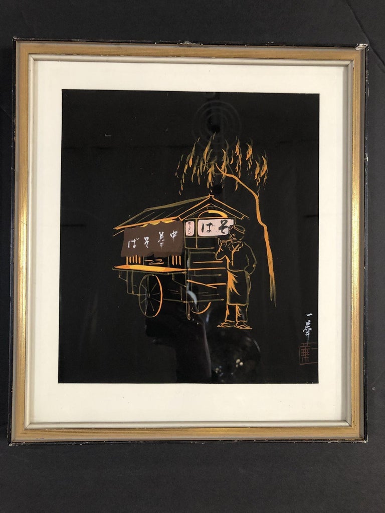 Mid Century Black and Gold Rickshaw Japanese Style Scenic Signed, Pair