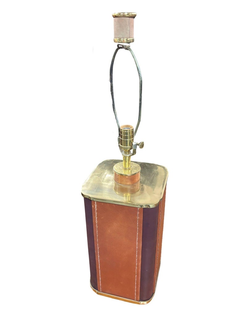 Two-Toned Square Leather Wrapped Table Lamp with Gold Trim