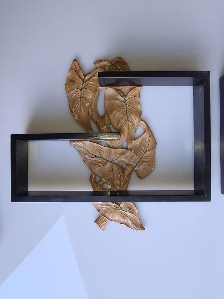 Midcentury Wall Shelf with Hand Carved Leaf Pattern, Pair