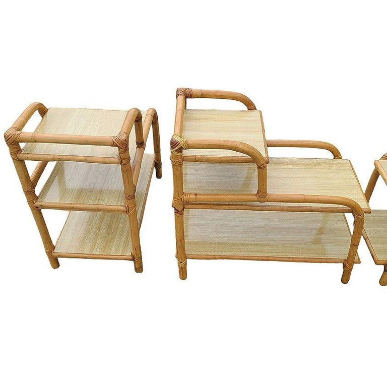 Restored Mid-century 3-Tier Rattan Side Lamp Table Living Room Set of 4