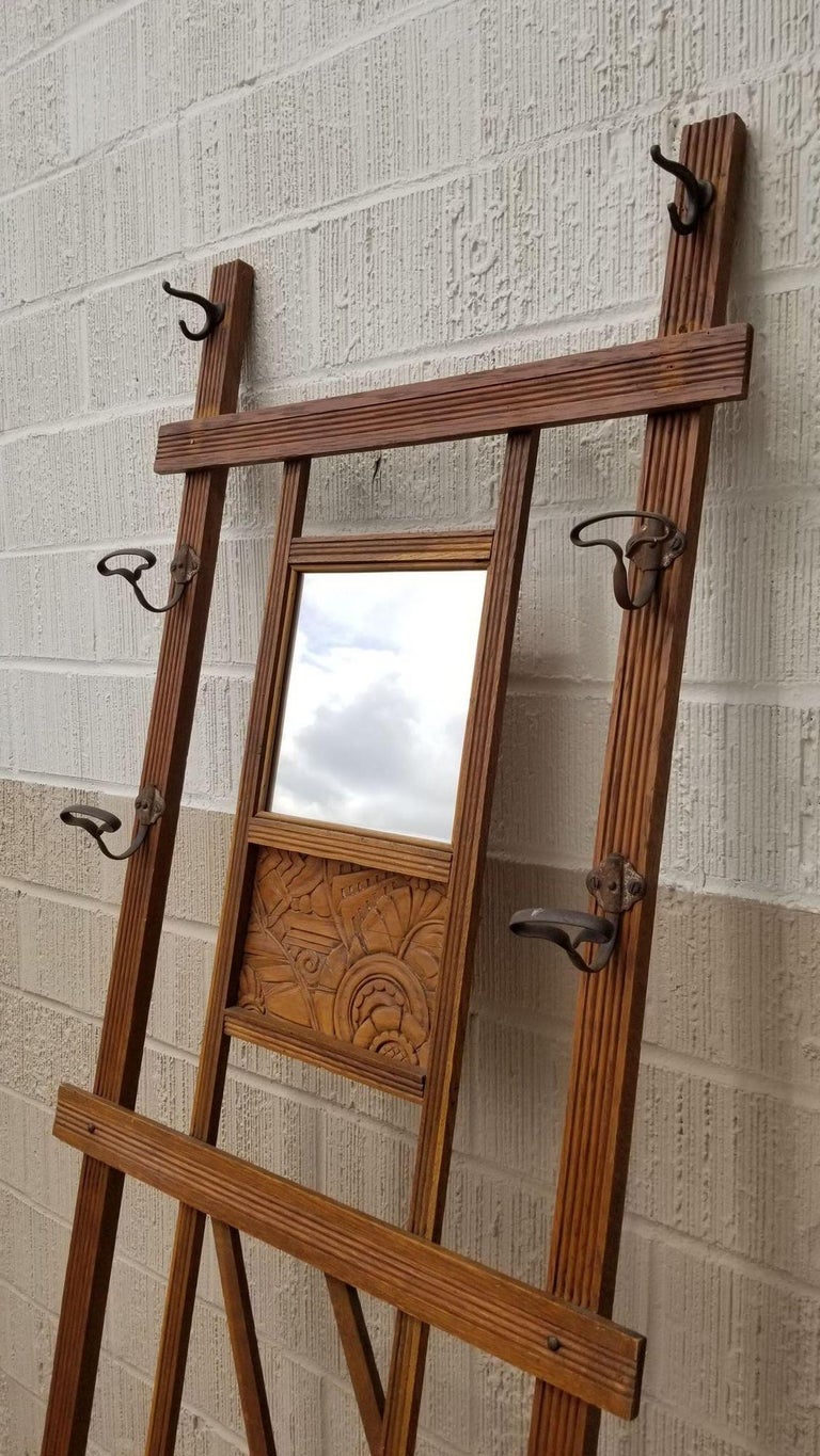 Art Deco Carved Rack Hall Tree with Mirror