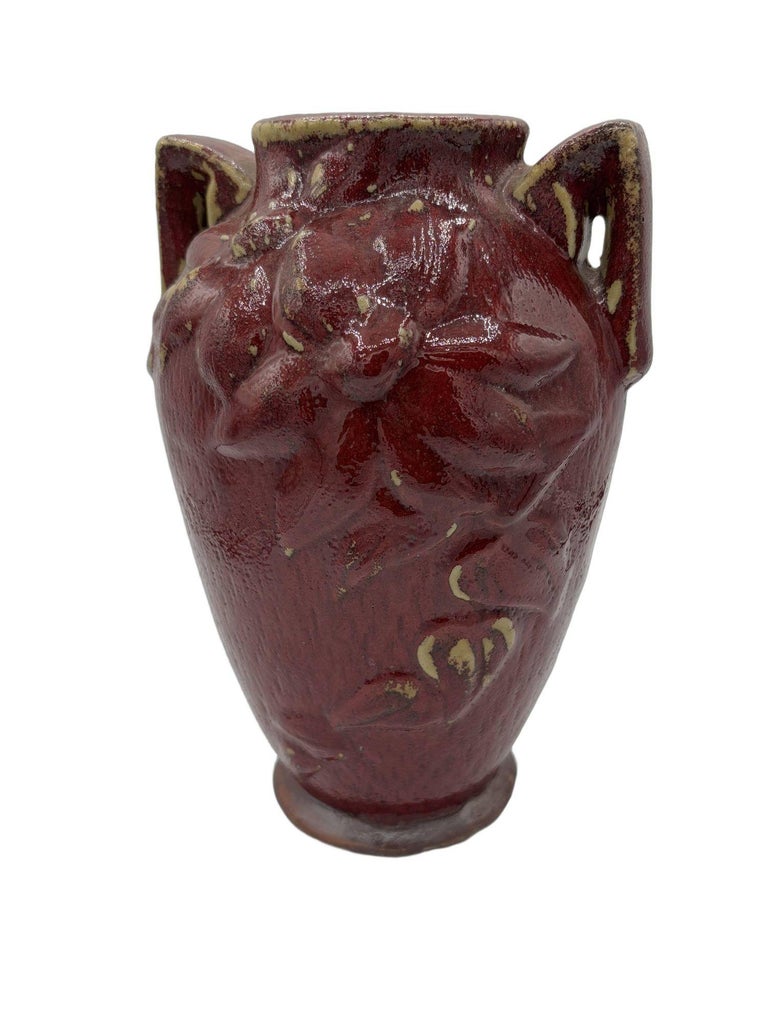 Red Art Pottery Vase with Dual Handles & Sculpted Floral Relief