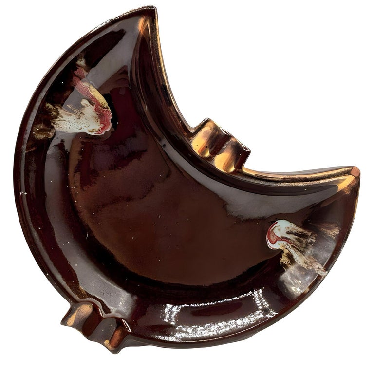 Mid Century Ceramic Crescent Shaped Glazed Ashtray Dish