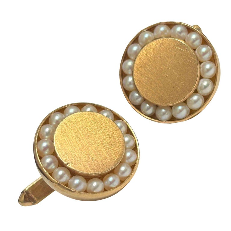 Round 14-Karat Pearl Cufflinks with Bullet Back Clasp and tie Pin