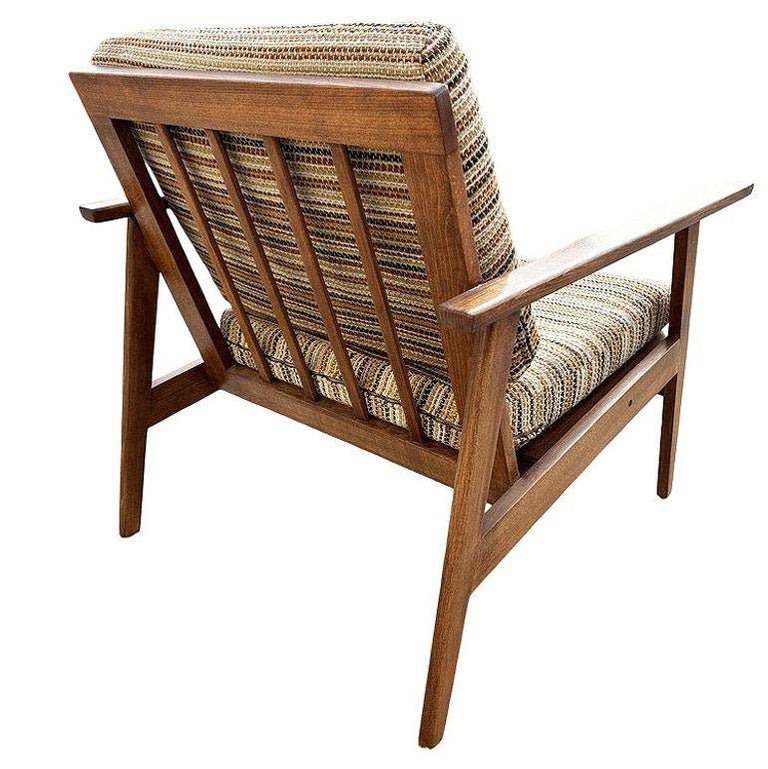 Scandinavian Modern MCM Walnut Framed Armchair with Striped Cushions