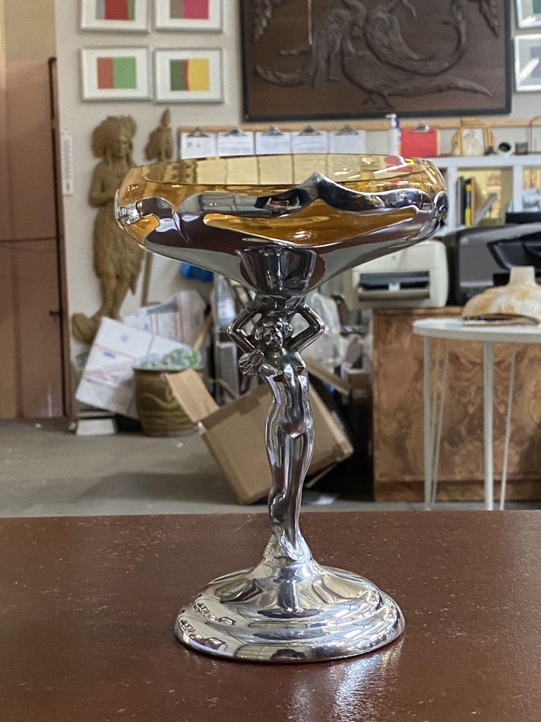 Chrome Farberware Nude Women Art Deco Compote w/ Amber Glass Cup