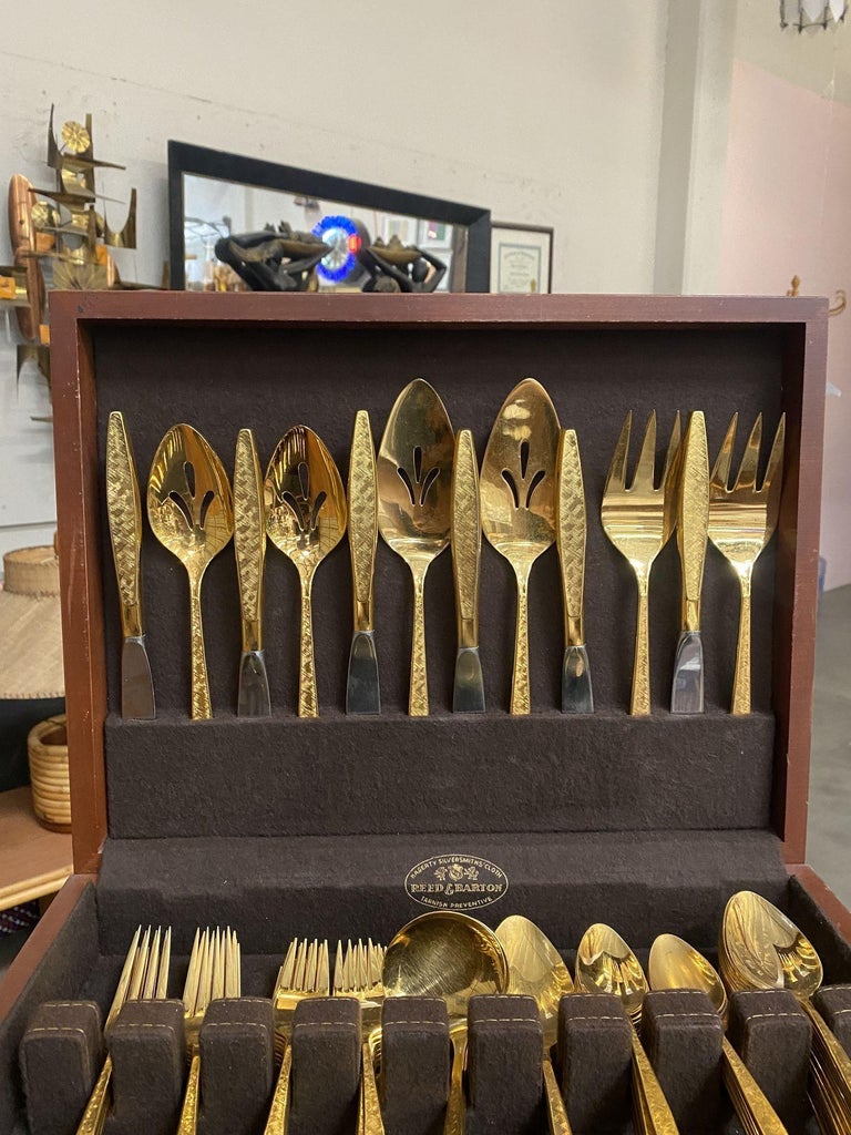 Modernist Pattern Gold Plated Stainless Flatware Set of 92 by 1847 Rogers Bros