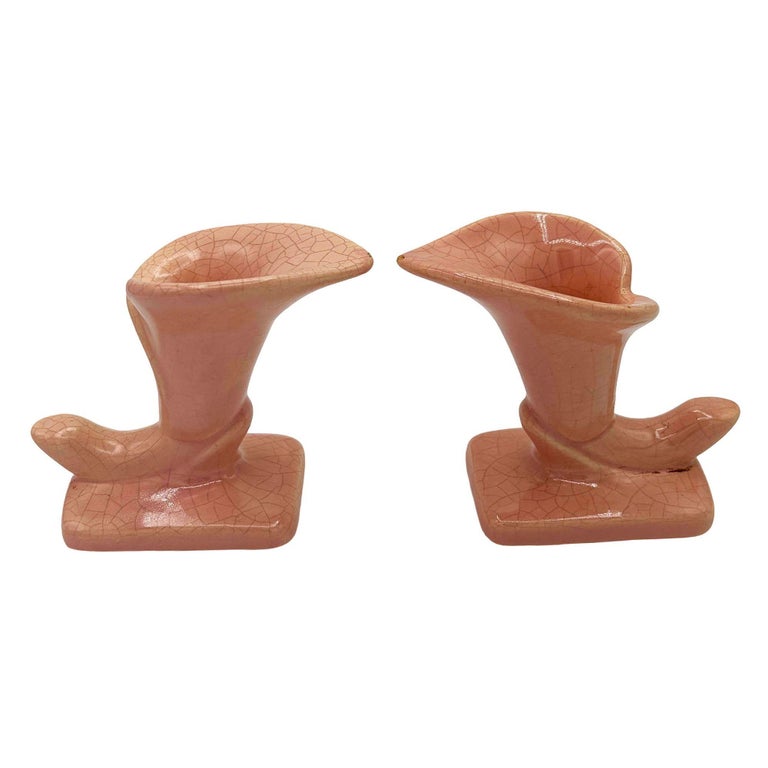Mid-century Modern Pink Calla Lilly Horn Shaped Ceramic Vase, Pair