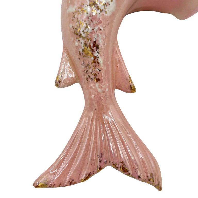 Rare Mid-century California Ceramic Pink & Gold Angel Fish Flower Wall Vase