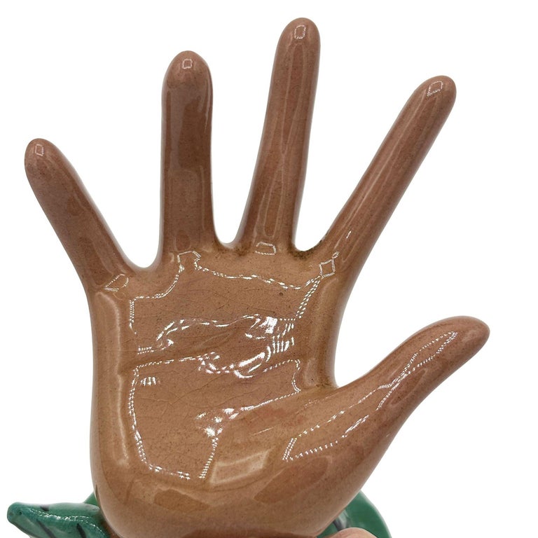 California Pottery Figural Hand w/ Magnolia Flower Ring Holder by Clemensons