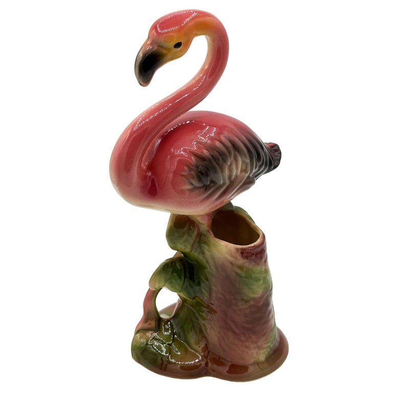Large 10" MCM Ceramic Hand Painted Flamingo Flower Table Planter, California