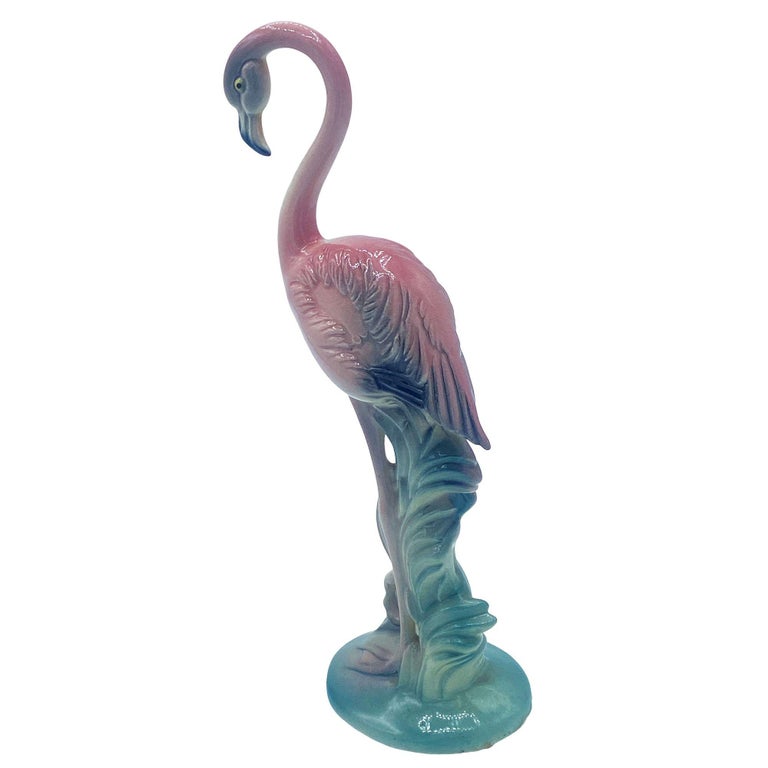 Matching Mid-century Pink Flamingo Ceramic Tabletop Statue Set By Brad Kealer