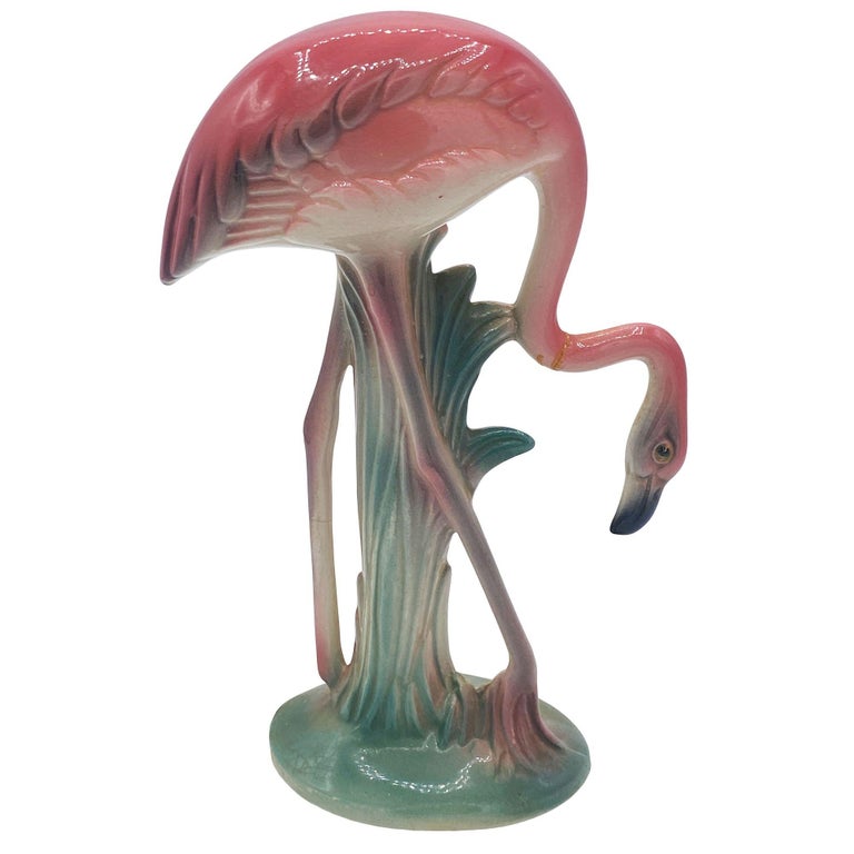 Mid-century Pink Drinking Flamingo Ceramic Tabletop Sculpture Set By Brad Keeler
