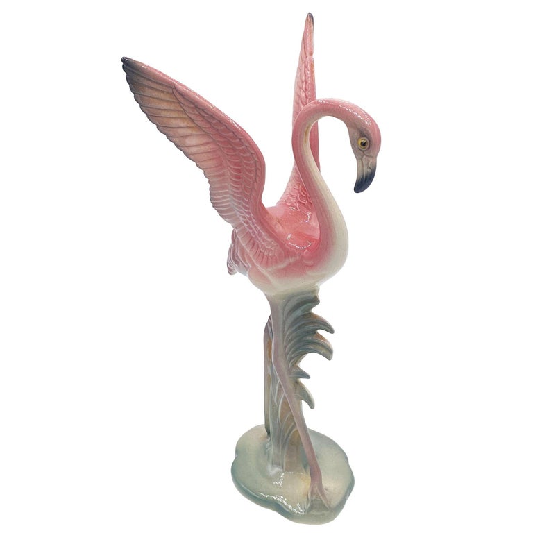 Mid-century Pink & Green Flamingo Ceramic Tabletop Sculpture Pair By Brad Keeler