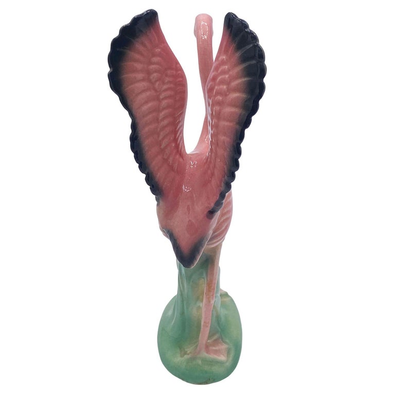 Mid-century Ceramic Mid Flight Pink Flamingo Tabletop Statue Set By Leftons