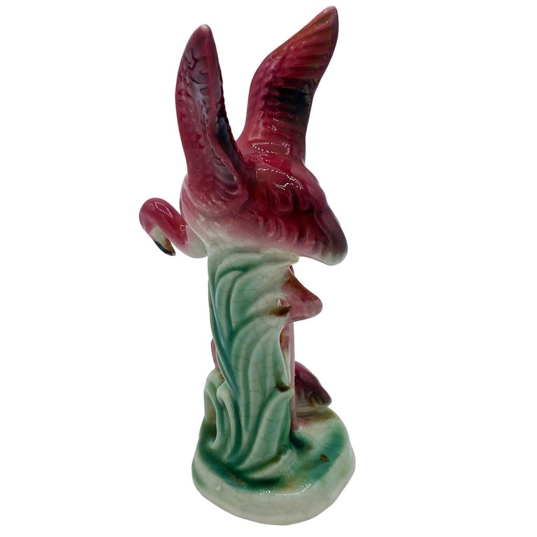 Mid-century Ceramic Miniature Pink Flamingo Tabletop Statue By Leftons