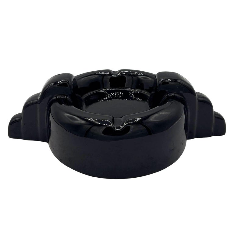 Rare Black Stepped Streamline Art Deco Ceramic Ashtray