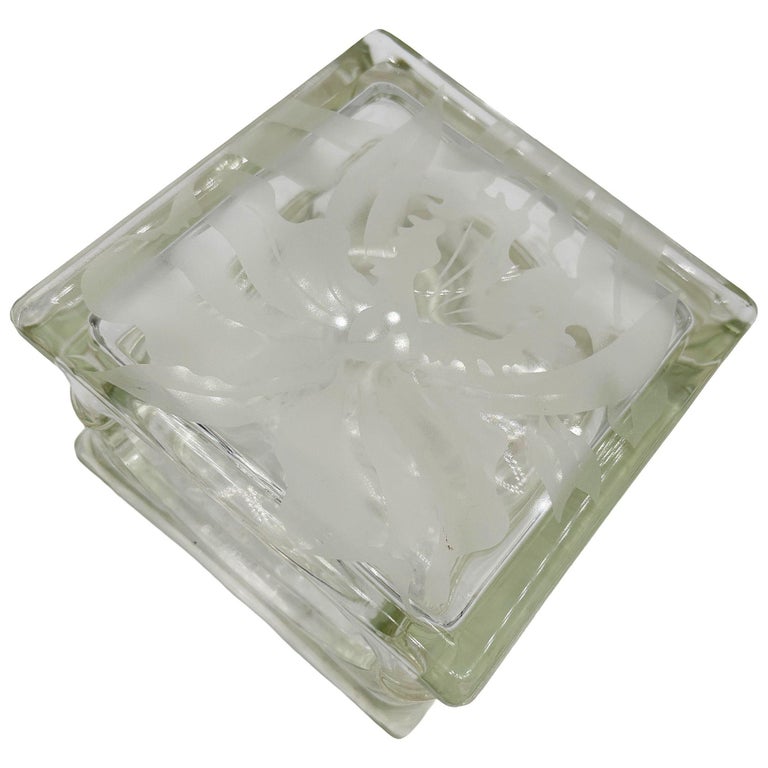 1970 Brutalist Postmodern Glass Block Table Vase w/ Acid Etched Hibiscus