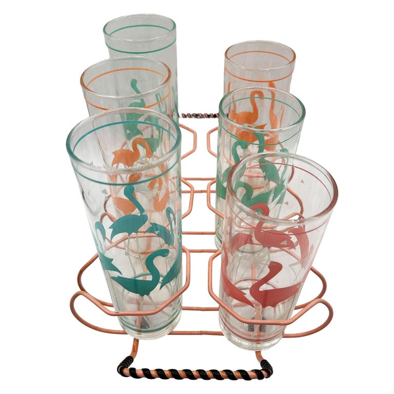 Mid-Century Pink Wire Frame Drinks Tray w/ Six Highball Flamingo Glasses
