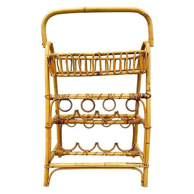 Albini Style Rattan Service Side Table & Bottle Holder w/ Handle
