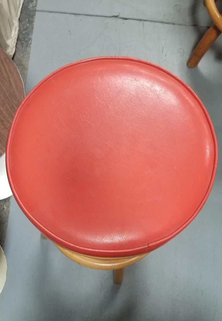 Restored Rattan Spiral Leg Strand Pair of Two Single Stand Red Bar Stools