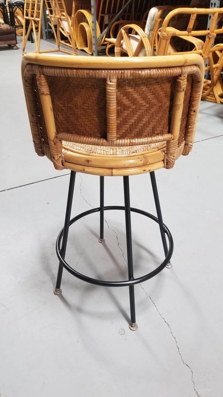 Restored Rattan & Wicker Swivel Bar Stool w/ Iron Base, Seng of Chicago