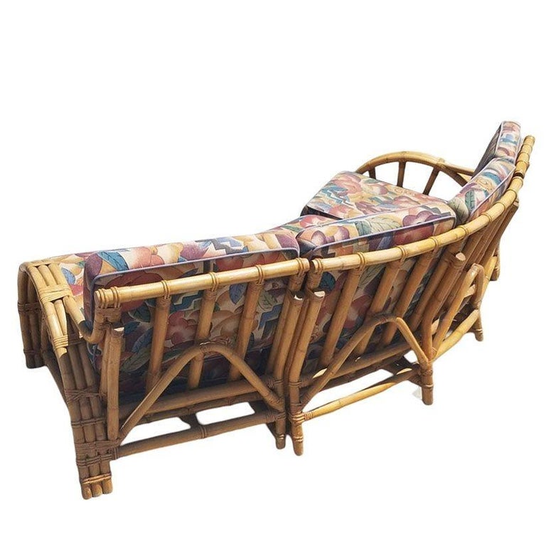 Restored Mid-century 3 Strand Rattan Spoke Half Moon Arm Corner Sectional Sofa
