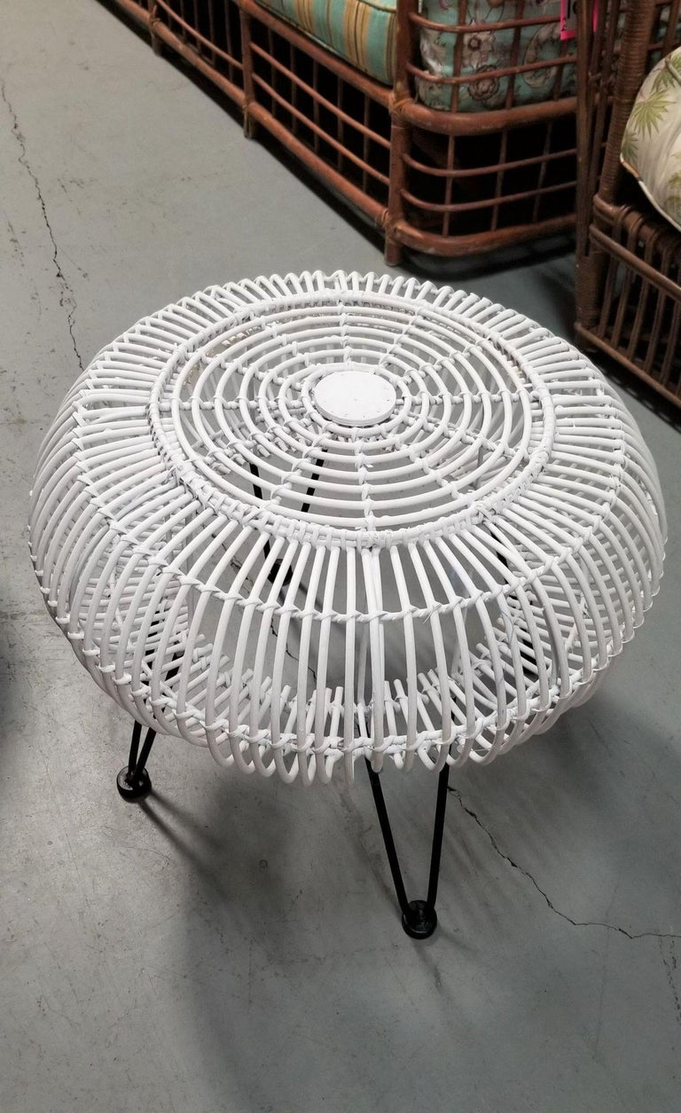 Restored Mid-century Reed Stick Rattan Ottoman Stool w/ Hairpin Legs