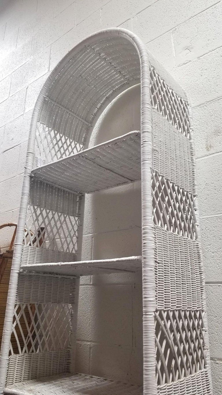 Restored White Rattan Wicker Arched Bookcase