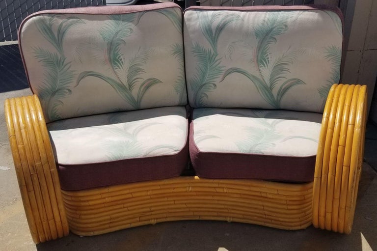 Restored Rattan 6 Strand Full Pretzel Curved Settee, in the style of Paul Frankl