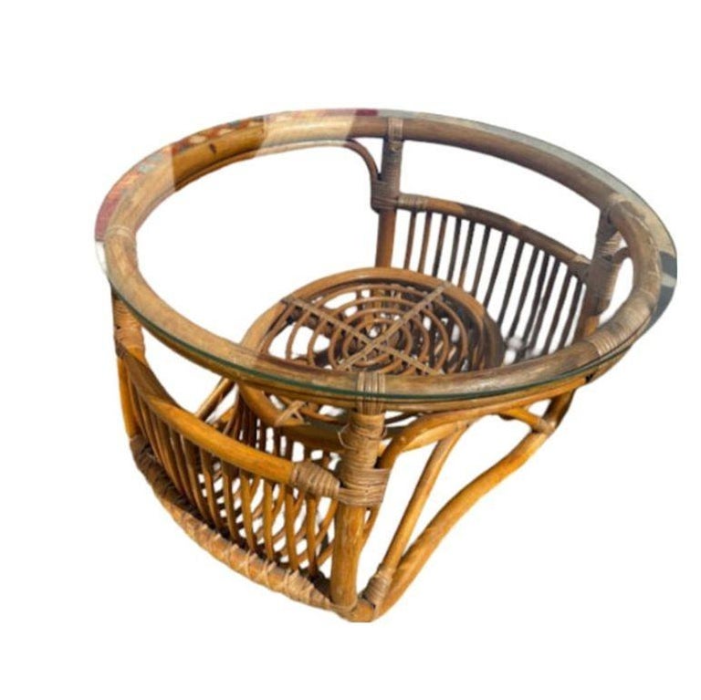 Restored Round Rattan Coffee Table with Reed Basket Base & Glass Top