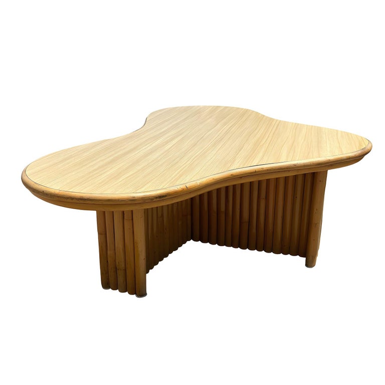 Restored Rattan Biomorphic Coffee Table w/ Stacked Rattan Base