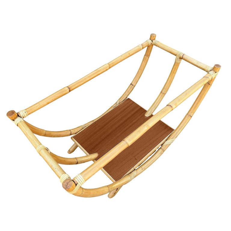 Restored Rattan Boat Shaped Coffee Table with Mahogany Shelf