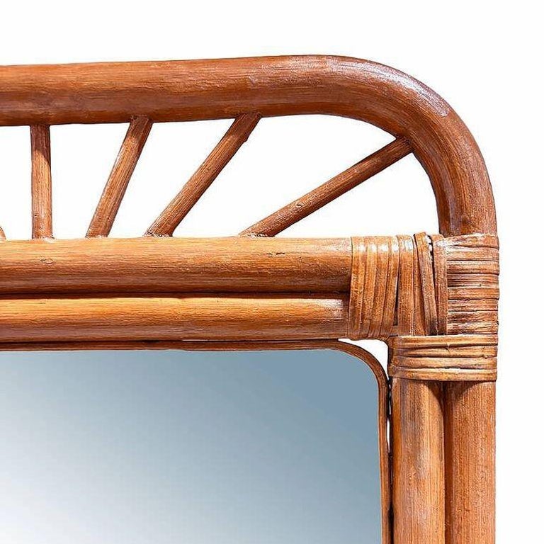 Restored Single-Strand Rounded Rattan Wall Mirror W/ Stick Reed Rattan