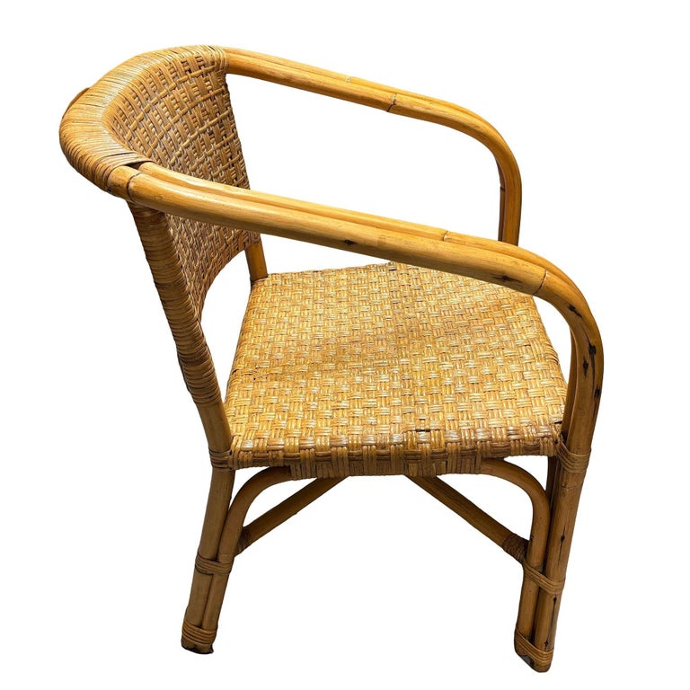 Restored Modern 2-Strand Rattan Armchair Dining Chair w/ Wicker Seat, Set of 4