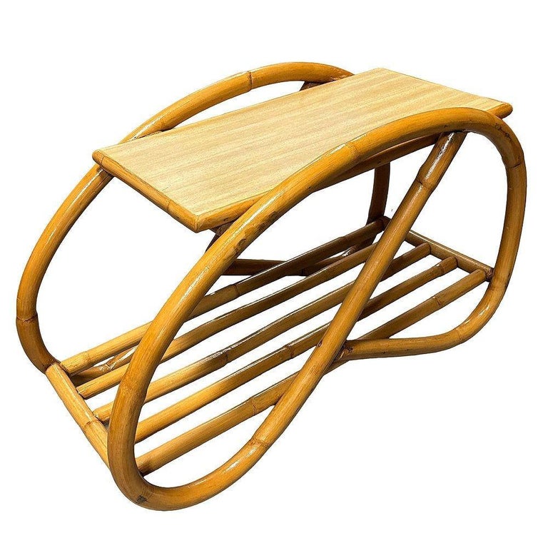 Restored Mid-century 3/4 Pretzel Rattan & Formica "Grasshopper" Side Table, Pair