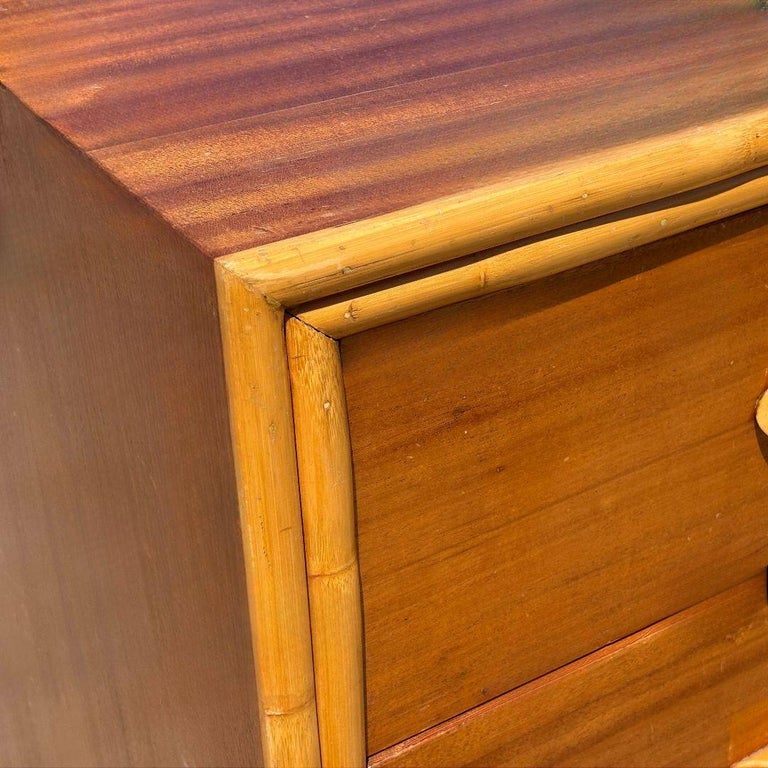 Restored Rattan and Mahogany Lowboy Dresser and Nightstand Set