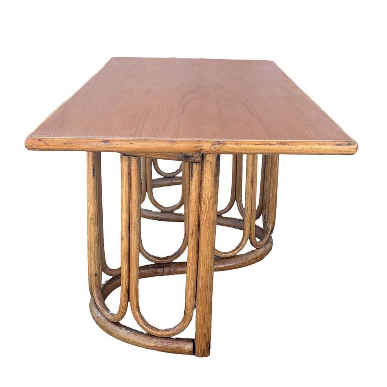 Restored Rattan and Mahogany Coffee Table with Wavy Base