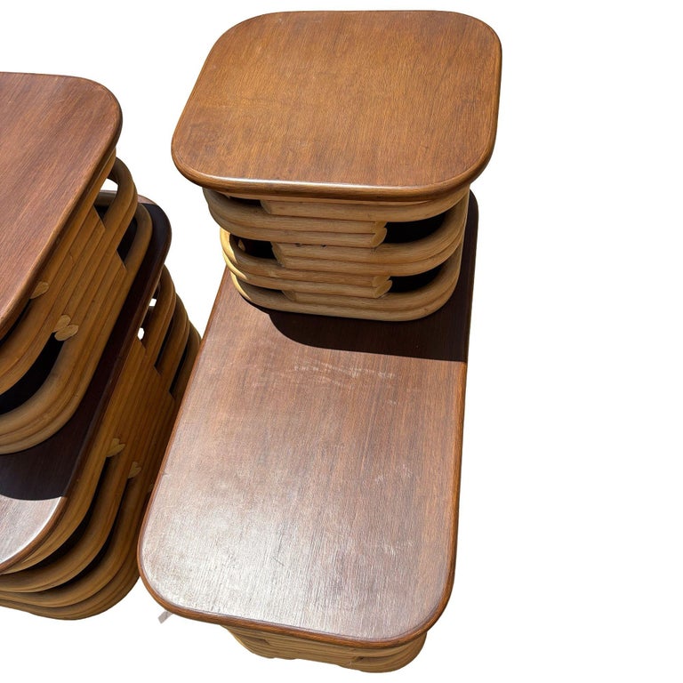 Mid-Century Two-Tier Stacked Rattan & Mahogany Coastal Side & Corner Table Set
