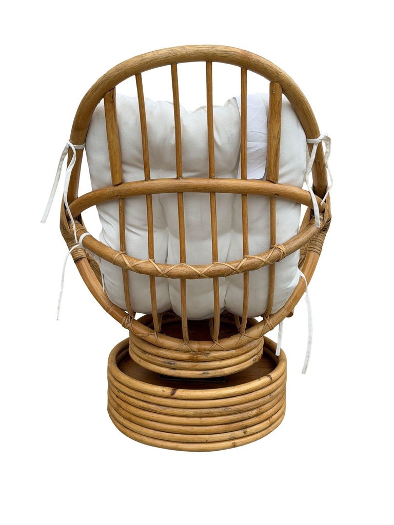 Restored Swivel Bucket Lounge Chair on Stacked Rattan Pedestal Base