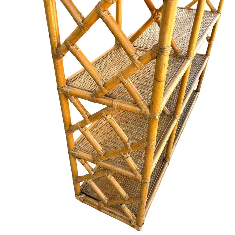 Restored Mid-century Rattan Ten-Tier Display Shelf Wall Etagere Unit w/ Cabinet